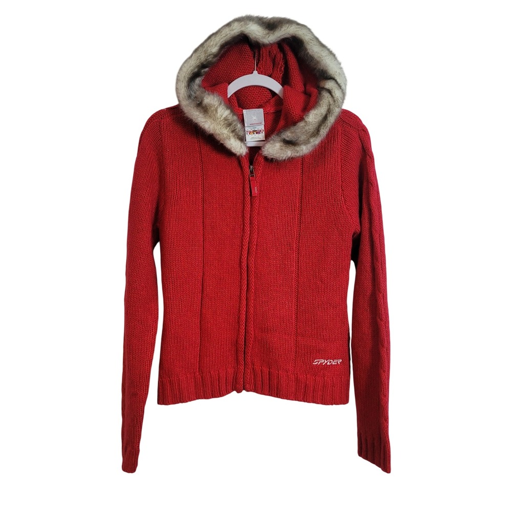 Spyder Red Full Zip Faux Fur Hood Mohair Blend Cable Knit Sweater Womens Medium